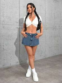 Tall Minifalda vaquera ultracorta, de moda para el verano - Azul lavado medio 2 - Ver 5