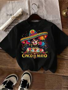 Women's Mexican Independence Day Printed T-Shirt, Black, Casual, Crew Neck, Skull And Hat Design, Machine Washable, Summer Celebration Top, Clothing For Mexican Cultural Events, Bright Print T-Shirt, Ideal For Spring/Summer Casual Wear For Local Communities - Vintage Urban Style, Unisex, Loose Fit Cotton Short Sleeve Crew Neck T-Shirt - 黑色 - 查看 7