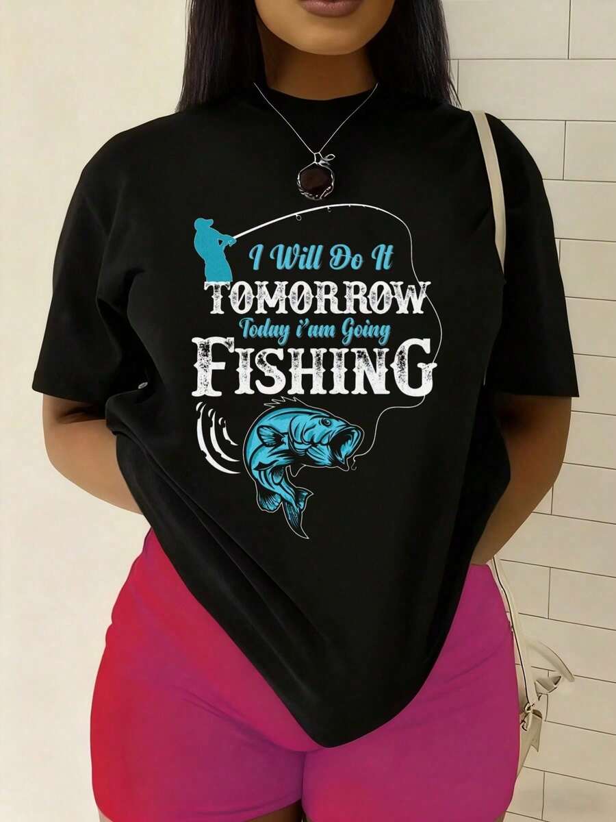 Camiseta Temática de Pesca para Mujeres y Hombres 100% Algodón 180gsm Manga Corta Cuello Redondo con Estampado de Peces (Diseño de Anzuelo, Línea y Plomo) - Ropa Divertida para Entusiastas del Aire Libre, Lavable a Máquina, Ideal para Verano - Negro - Ver 1
