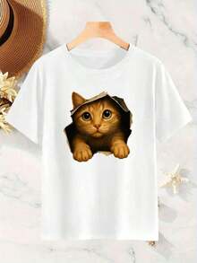 Camiseta para mujer con lindo gato asomándose - Top de manga corta con estampado de gato naranja, imprescindible para amantes de las mascotas.Top de cuello redondo para primavera, verano y otoño.Adecuada para uso diario, desplazamientos y ocasiones informales.Tejido elástico, lavable a máquina. - Negro - Ver 8