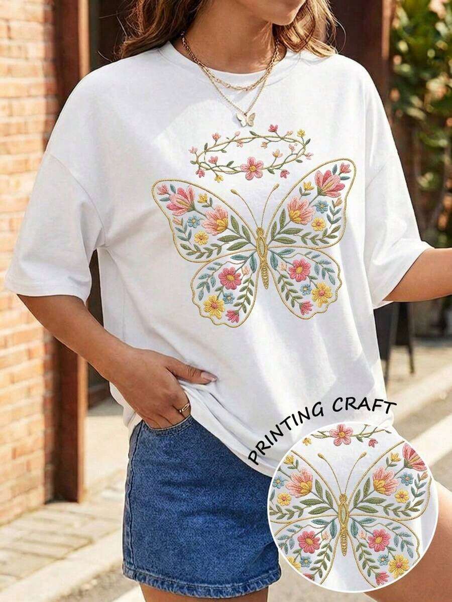 Camiseta Oversize con Gráfico de Bordado Falso de Mariposas Florales - Algodón Suave, Estilo Cottagecore, Casual, Hombros Caídos, , Una Pieza, 35% Algodón, 65% Poliéster. - Blanco - Ver 1