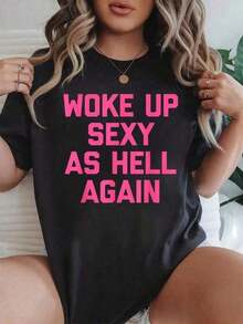 Womens Clothes;Summer TopsT Shirt Print ,Graphic-Cotton Tees Size Plus,100% Cotton I Woke Up Sexy As Hell Again Funny Sarcastic Women Saying T-Shirt Women Graphic T-Shirt Cotton Print Short Sleeve Casual Top, Summer Tee Wowomens Tops,With Shirt,Summer Tops,Shirt Suitablesummer Outfits LCAC - 黑色 - 查看 9