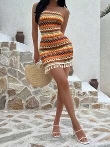 Vestido fruncido con diseño sin tirantes, cintura entallada y dobladillo con flecos en un estilo patchwork de colores, con aire sexy y de europea y americana para vacaciones - Multicolor - Ver 4