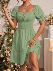 Vestido de manga abullonada con volantes y nudo delantero para el verano, ropa para Año Nuevo - Verde - Ver 3