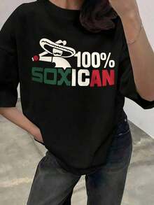 Camiseta de Mujer 100% Soxican con Estampado de Sombrero, Bigote y Bandera Mexicana, Cuello Redondo, Manga Corta, Corte Holgado, Estilo Casual, Divertida Ropa Urbana de Inspiración Mexicana para el Cinco de Mayo, Verano, Día de Partido, Vacaciones, Regalo para EllaAdecuado como regalo. playera de mujer. blusas>elegantes. boho chic,Exquisita camiseta estampada de cuello redondo para mujer, ideal para varias estaciones, perfecta para vacaciones, viajes y días festivos. - Negro - Ver 1