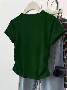 Camiseta de mujer de manga corta de cuello redondo y unicolor, minimalista y de moda para el verano - Verde - Ver 2