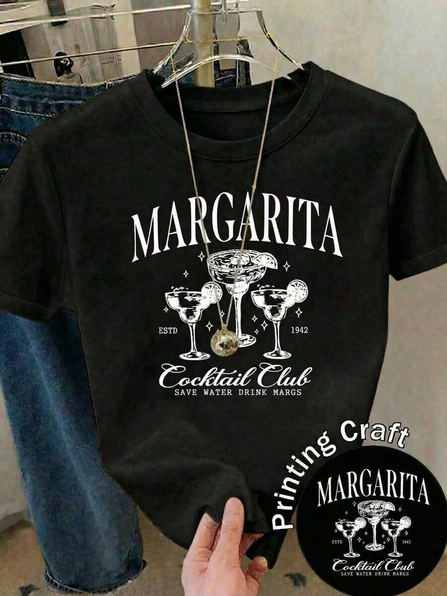 Nueva llegada 2026: camiseta de manga corta con cuello redondo para mujer. Hecho de 100% algodón puro con un corte holgado. Diseño casual y versátil con estampados, una prenda esencial en el armario. Perfecto para el transporte diario, citas informales y moda urbana. - Negro - Ver 1