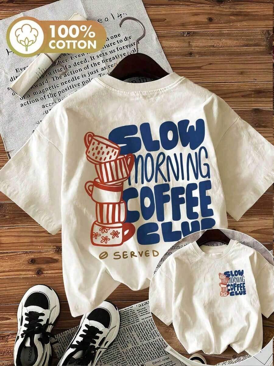 [Double-Sided Print] Women's Fashion Spring-Summer T-Shirt, Hand-Painted Style, Coffee Cup Print, SLOW MORNING COFFEE CLUB SERVED DAILY, Round Neck, Short Sleeve, 100% Cotton Women's T-Shirt [Chu K], Short Sleeve Graphic Print Streetwear Style T-Shirt For Summer - 杏色 - 查看 1