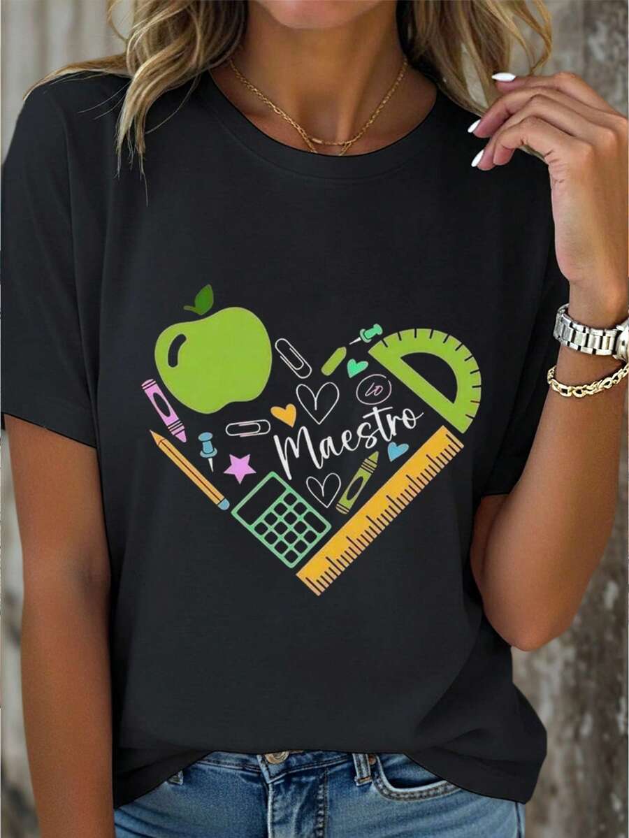 Camiseta de moda femenina de verano de manga corta camiseta de moda casual al aire libre 'love' estampado camiseta casual femenina con patrón relajado - Negro - Ver 1