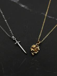 Set de 2 piezas Collar con colgante de rosa gótica y espada para mujeres y hombres, collar con colgante de rosa y espada de dos tonos, collar declarativo, cadena romántica a juego, regalos de pareja para fiesta, boda y cumpleaños - collar - Ver 8