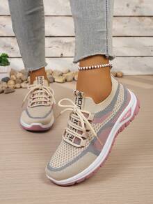 Van Skr Women's Knitted Mesh Breathable Casual Sports Shoes, Lightweight Comfortable Versatile Daily Student Wear, Stylish Commute Non-Stuffy Lace-Up Shoes - Caking Powder - View 2