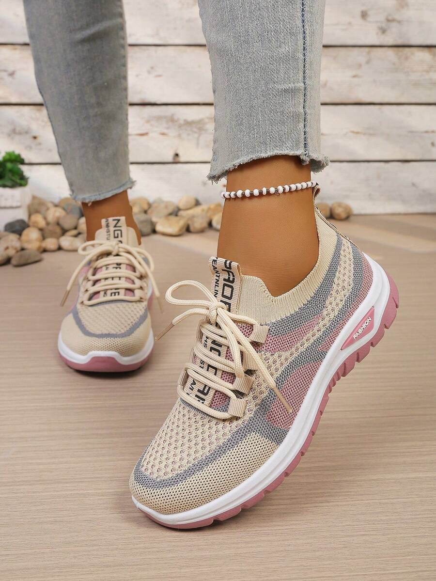 Van Skr Women's Knitted Mesh Breathable Casual Sports Shoes, Lightweight Comfortable Versatile Daily Student Wear, Stylish Commute Non-Stuffy Lace-Up Shoes