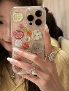 3D Colorful Button Compatible With 16, 15 Pro, New 13/14 High-End Protective Cover Shockproof, Random Button Transparent Resin Dopamine Women P Waterproof Anti-Fall Scratch Resistant - 1 cái - Xem 2