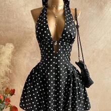 Women's Polka Dot V-Neck Hollow Waist A-Line Mini Dress, Suitable For Party, Christmas, Date, Nightclub, Bohemian, Boho, Vacation, Fall - Azul y blanco - Ver 10
