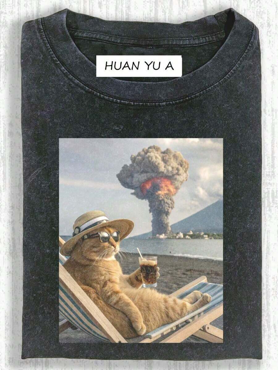 Camiseta unisex vintage de manga corta, lavada y con aspecto desgastado, de corte holgado y cuello redondo, con texto divertido y patrones originales, estilo casual de moda urbana TQBD - Negro - Ver 1