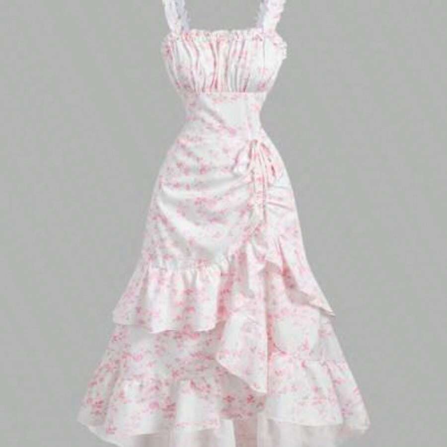 MOD Pink And White Floral Romantic Retro Ruffle Women's Dress, Elegant Dress, Tea Party Dress, Female Date Dress, Valentine's Day Dress, Summer Dress, Bohemian Dress, Cruise Dress, Beach Dress,Summer Dresses For Women,Graduation Dresses, Wedding Guest Dress - Rosa - Ver 1