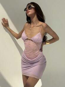 Nuevo vestido camisero romántico y sexy con cuello en pico, contraste de malla brillante y shorts, mini vestido anti-destellos - Morado - Ver 6