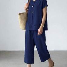 2 piezas Conjunto informal de verano para mujer de unicolor, cuello redondo, manga corta, holgado - Azul - Ver 7