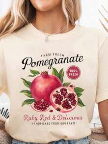 ropa de mujer  Camiseta de manga corta con cuello redondo con estampado de limón y letras - Suave, transpirable, ligeramente elástica, top casual de verano y primavera para mujeres con ajuste regular  camisas de mujer - Albaricoque - Ver 4