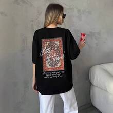 Camiseta de manga corta 100% algodón puro, nuevo estilo de verano, estilo americano, versátil, moderna, retro, de nicho, top hip-hop para mujer. - Negro - Ver 3