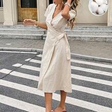 Women's Summer Vacation Casual 100% Cotton Solid Color Tie-Wrap Urplice Neck Tie Side Wrap Mid-Length Dress,For Women Vacation Outfits Woman Beach Outfits For Woman Dresses For Women Elegant Sundress Business Casual Woman,Casual Dresses For Women Summer Vacation Outfits Wedding Guest Dress For Women Carnival Dress ,Summer Dress,Summer Dresses For Women - Albaricoque - Ver 7