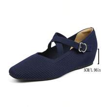 Women's Square Toe Low Vamp Knit Breathable Mary Jane Strap Adjustable Buckle Solid Color Casual Hidden Wedge Shoes, Suitable For Petite, Wearable All Seasons - Royal Blue - View 12