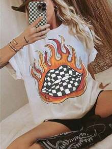 Camiseta casual, Camiseta a cuadros con estampado de labios en llamas, Camiseta gráfica estilo western, Camiseta oversized para conciertos de country, Ropa western, Camiseta country retro, Camisetas gráficas divertidas para hombre y mujer, Camisetas casuales holgadas de cuello redondo, Camisetas casuales de manga corta para hombre y mujer, 2026, 100% algodón, Duradera - Blanco - Ver 7