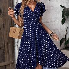 Polka Dot Print Butterfly Sleeve Knot Side Wrap Dress Maxi Vacation Beach Outfits Women - Energía azul - Ver 5