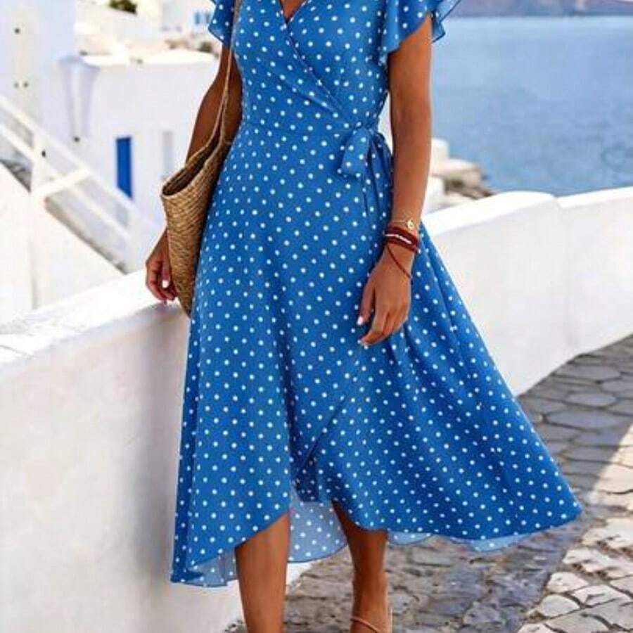 Polka Dot Print Butterfly Sleeve Knot Side Wrap Dress Maxi Vacation Beach Outfits Women - Energía azul - Ver 1