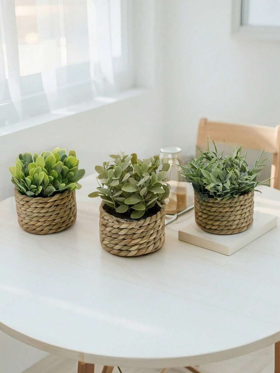 1 Set Of 3 Artificial Woven Rattan Small Potted Plants, PE Polyester Fiber, Suitable For Desktop, Party, Kitchen, Garden Decor, Christmas, Holiday Gifts, Home Decor, Back To School Room Decor, School Supplies - Green - View 1
