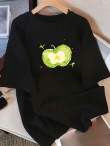 Women's 100% Cotton T-Shirt. Short-Sleeved Cotton T-Shirt For Women With An Exclusive Design And Print. New Summer 2026 Collection, Loose-Fitting, Half-Sleeve Top With A Fitted Cut. Lightweight, Breathable, A Summer Hit. - 黑色 - 查看 12