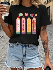 Camiseta casual para mujer - Manga corta con estampado de corazón, lápiz, sobre y temática de maestros, top casual de moda diaria de fibra de poliéster transpirable, camiseta de viaje de cuello redondo lavable a máquina, ropa de verano, diseño moderno y estilo ligero, camiseta de mujer a la moda, esencial para el verano. - Negro - Ver 7
