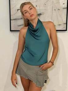 Top de tirantes de satén para mujer, estilo callejero lindo Y2K con espalda descubierta y sin mangas, casual de verano - Verde Oscuro - Ver 3