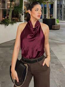 Camiseta sin mangas de satén de unicolor con cuello alto tipo halter Y2K para mujer, ropa de calle linda para el verano en color negro casual - Rojo violeta - Ver 1