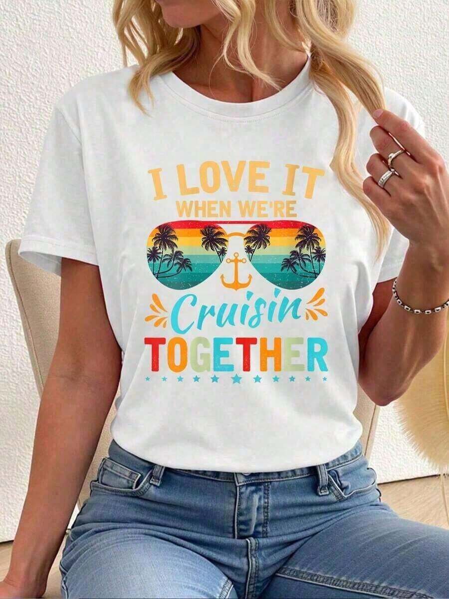 Cruise 2026 Outfits Family Couples Casual Short Sleeve Crew Neck T-Shirts For Women, Comfortable Pure Cotton T-Shirt With Fashionable Sporty Letter Print, Unisex Design For Couples, Y2K Urban Style, Suitable For Festival Celebrations, Mother's Day, Father's Day, Independence Day, Birthday Gift For Women. - 白色 - 查看 1