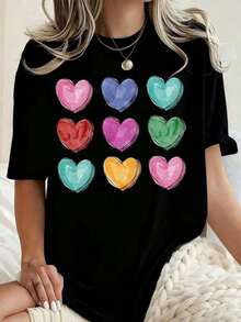 Camiseta de manga corta con cuello redondo y estampado gráfico holgado para mujeres de talla grande, con un colorido diseño de corazón en acuarela, top versátil, adecuado para todas las estaciones, camiseta unisex de manga corta, perfecta para salir y como regalo de Navidad. - Negro - Ver 5