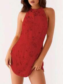 2026 Spring/Summer New European And American Elegant Women's Dress Series Orange Embroidered Halter Dress, Sleeveless Bodycon Party Dress Club & Evening KI6V - 紅色 - 查看 1