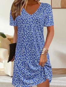 Vestido ligero y elegante de manga corta con estampado floral diminuto, de estilo casual y vacacional, versátil para el Día de la Madre, actividades al aire libre, hogar, viajes y trabajo - Azul - Ver 4