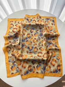 1件奢華品牌豹紋正方形小絲巾 絲綢般質感 女款休閒多用途裝飾小方巾 - 芥末黃 - 查看 2