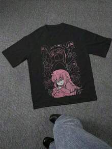 Playera informal de verano para hombre con estampado de personajes de anime rosa, cuello redondo, manga corta, 100 % algodón, 220 g de algodón grueso - Blanco - Ver 2