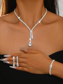 Luxuriöses Schmuckset mit Strass-Herz in Silber, bestehend aus Halskette, Ohrringen und Armband, 3 Teile. Geeignet für Hochzeit, Party, Ball, elegantes Geschenk - 1820 Silver-HB - Übersicht 5