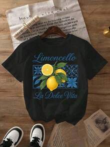 Camiseta Gráfica Limoncello, Manga Corta, Cuello Redondo, Estilo Casual para Verano y Primavera, Camiseta para Mujer con Estética Y2K, Estampado de Letras, Manga Corta, Adecuada como regalo. playera de mujer. blusas>elegantes. boho chic,Top de mujer suave, transpirable y cómodo, ideal para primavera, verano y otoño, perfecto para vacaciones, viajes y uso diario. Adecuado como regalo. playera de mujer. blusas>elegantes. boho chic,Top de mujer suave, transpirable y cómodo, ideal para primavera, verano y otoño, perfecto para vacaciones, viajes y uso diario. - Negro - Ver 2