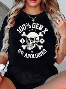 Playera Negra con Slogan "100% GEN X 0% APOLOGIES", Camia Gráfica de Calavera Estampada Rockera, Estilo Retro Gótico Vintage Oversize, Blusas de Mujer Manga Corta Holgada, Ropa Casual Juvenil Adecuado como regalo. playera de mujer. blusas>elegantes. boho chic,Camiseta estampada de cuello redondo con diseño de dibujos animados. - Negro - Ver 1
