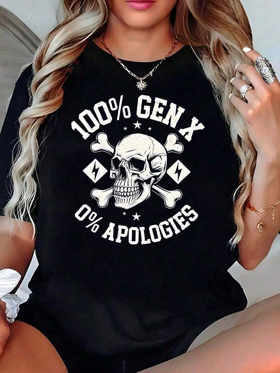 Playera Negra con Slogan "100% GEN X 0% APOLOGIES", Camia Gráfica de Calavera Estampada Rockera, Estilo Retro Gótico Vintage Oversize, Blusas de Mujer Manga Corta Holgada, Ropa Casual Juvenil Adecuado como regalo. playera de mujer. blusas>elegantes. boho chic,Camiseta estampada de cuello redondo con diseño de dibujos animados. - Negro - Ver 1