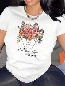 Camiseta de ocio con estampado floral a la moda, de manga corta y cuello redondo, estilo casual, adecuada para verano y primavera, ropa de mujer, cómoda y holgada. - Blanco - Ver 2