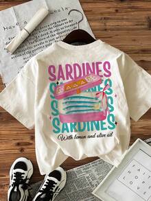 Top Casual de Primavera/Verano para Mujer, Estilo Fresco, Estampado de Sardinas, Limones y Aceite de Oliva, Camiseta Corta de Moda con Cuello Redondo - Albaricoque - Ver 3
