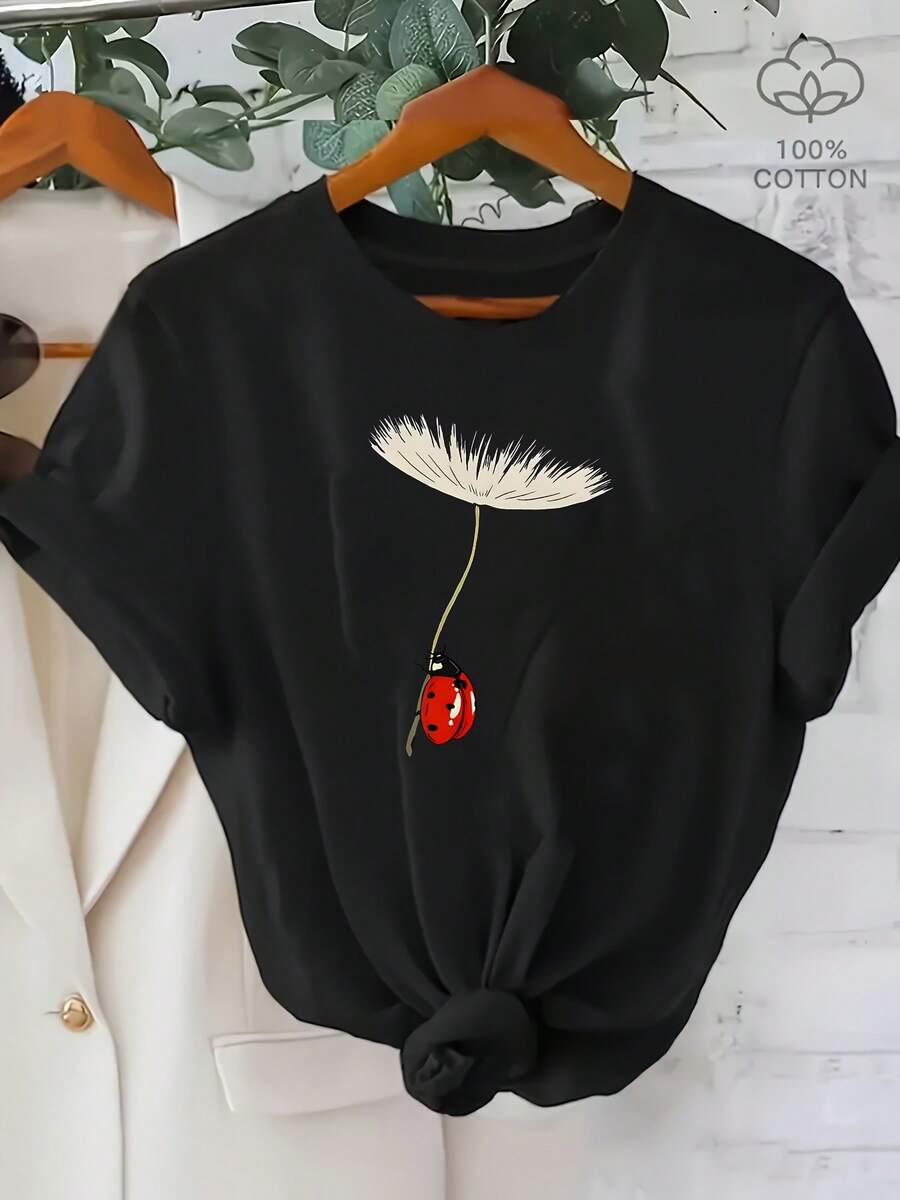 Camiseta de algodón 100% puro para mujer de talla grande, con estampado de diente de león e insectos, cuello redondo, manga corta, cómoda para el hogar - Camiseta de algodón de manga corta y cuello redondo, estilo vintage urbano, unisex, holgada, para mujer. blusas.blusas casuales para dama. - Negro 1 - Ver 1