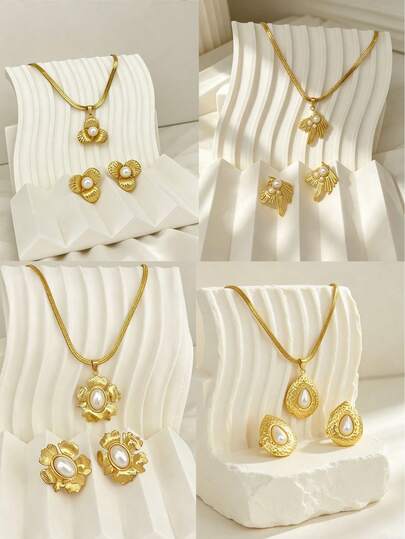 18K Gold Plated Stainless Steel Pearl Jewelry Set For Women, Vintage Textured Flower/Teardrop/Bougainvillea/Feather + Snake Bone Chain Necklace Set, Waterproof Hypoallergenic Fashion Gift, Niche Design Luxury Jewelry Gift, High-End Hypoallergenic Non-Fading, Suitable For Commuting, Dating, Party And Other Occasions, Easily Upgrade The Outfit, Perfect Birthday Gift, Mother's Day Gift, Ideal Gift