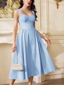 Vestido elegante vintage para mujer con bolsillos, vestido casual para té, fiesta, verano, vacaciones, vestido blanco de verano para mujer, vestido de fiesta, vestido formal con corsé, vestido de cumpleaños, vestido de invitada de boda, vestido de Pascua, vestido de primavera para mujer - Celeste - Ver 8