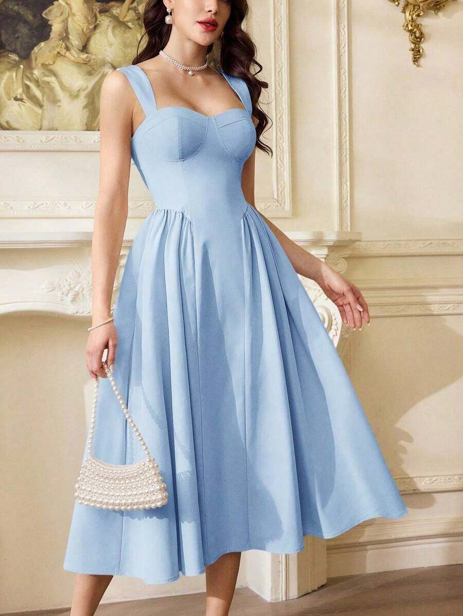 Vestido vintage elegante de la Sra. con bolsillos, vestido blanco de verano para fiestas de té, vestido informal para fiestas de vacaciones. - Celeste - Ver 1